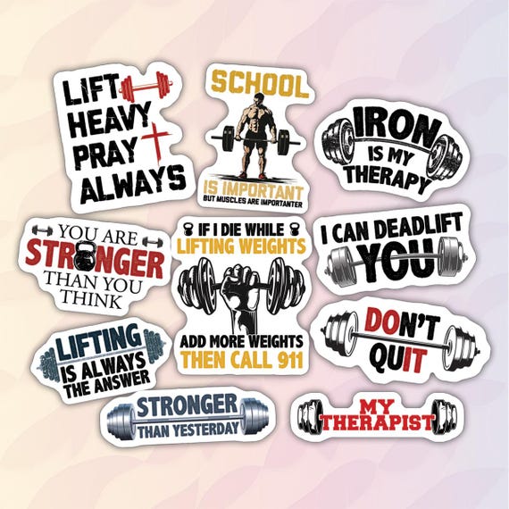 10pcs Weightlifting Sticker Pack – Fitness Stickers, Powerlifting Decals, No Pain No Gain, Strength Training and Workout Motivation