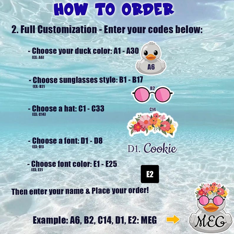 Puede incluir: Imagen con instrucciones sobre c&oacute;mo pedir un pato personalizado. El texto dice "C&Oacute;MO ORDENAR" y enumera opciones de personalizaci&oacute;n, incluyendo el color del pato, el estilo de gafas de sol, el sombrero, la fuente y el color de la fuente. Se proporciona un ejemplo de pedido.