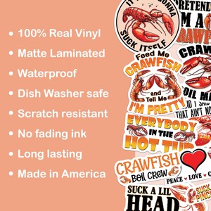 May include: A set of 8 crawfish themed vinyl stickers with various designs and sayings. The stickers feature crawfish illustrations, text such as "Feed Me Crawfish", "I'm Pretty and Tell Me", "Everybody in the Hot Tub", "Crawfish Boil Crew", "Suck a Lil Head", and "Suck a Pinch".