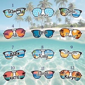 May include: A collection of sunglasses stickers with various names and beach-themed designs. Each pair of sunglasses has a unique background, including sunsets, ocean scenes, and star patterns. Names include Henry, Lenni, Jamie, Ali, Erin, Trent, Alex, Katy, Sharon, Katie, Laura, and Karyn.