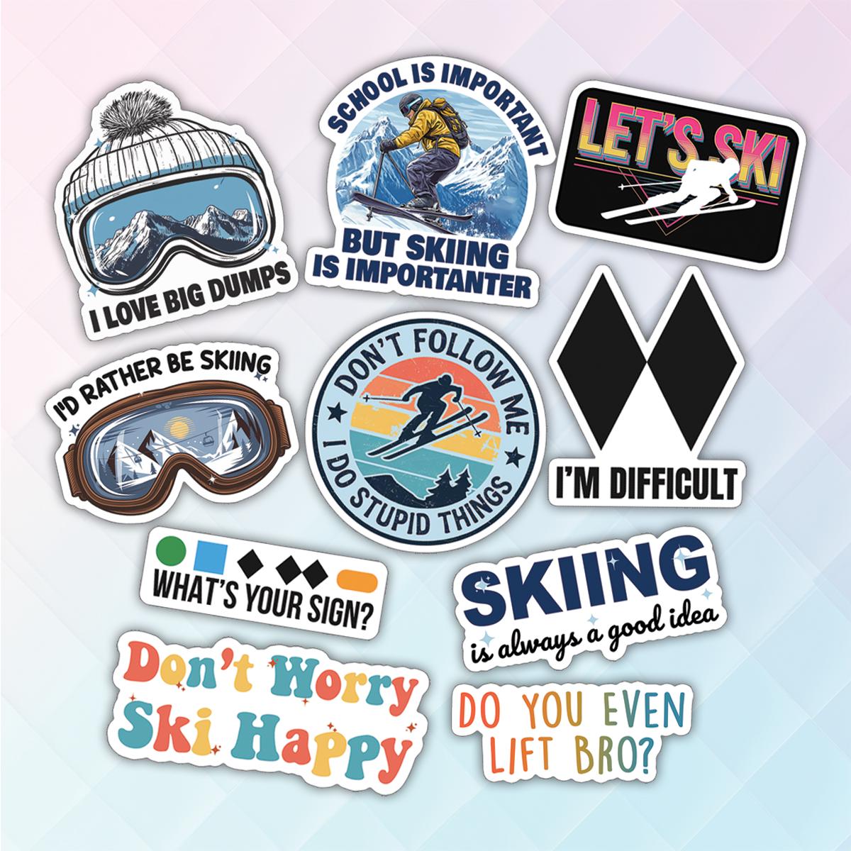 10pcs Skiing Stickers Pack, Skiing Thrill Seeker Decal, Snowy Adventures, Snowboarding, Winter Adventure Sticker, Adventure Sport Sticker