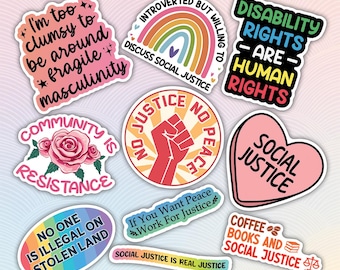 May include: Nine colorful stickers with social justice messages. The stickers feature a rainbow, a fist, a heart, a rose, a rainbow flag, and a coffee cup with books. The text on the stickers includes "Disability Rights are Human Rights", "Community is Resistance", "No One is Illegal on Stolen Land", "No Justice No Peace", "Social Justice", "Introverted but Willing to Discuss Social Justice", "If You Want Peace Work For Justice", "Social Justice is Real Justice", and "Coffee Books and Social Justice".