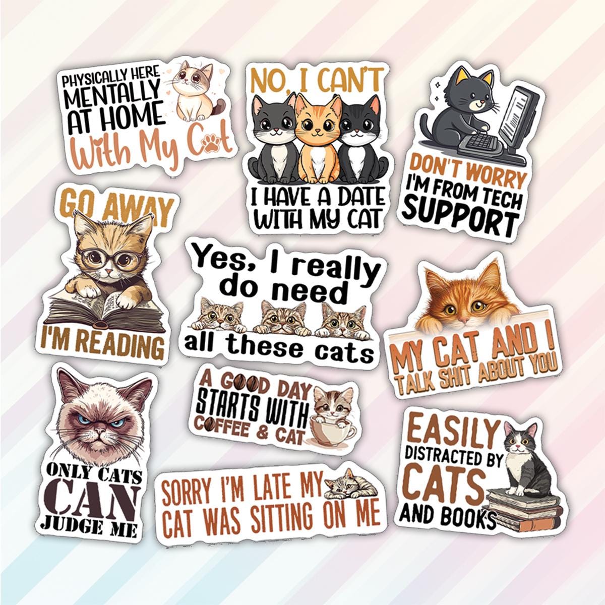 Comfortable Cat Sticker 10pcs Cute Cat Stickers Pack, Cute Cat Lover Gift, Cat Mom Sticker, Cat ...