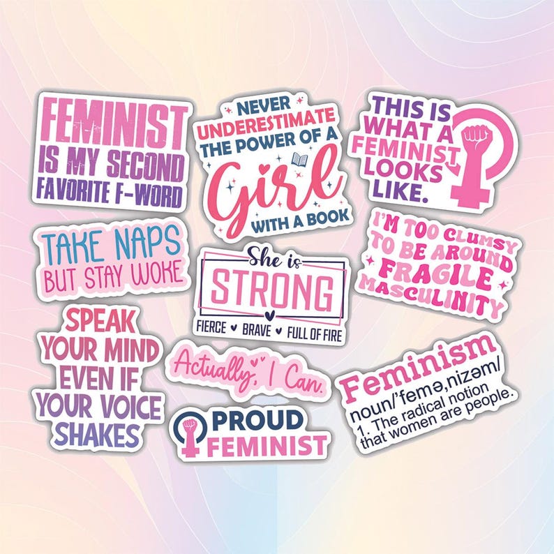 May include: A set of 10 feminist themed stickers with pink, purple, and white text on a white background. The stickers feature phrases like "Feminist is my second favorite F-word", "Never underestimate the power of a girl with a book", "She is strong", "Speak your mind even if your voice shakes", "This is what a feminist looks like", "I'm too clumsy to be around fragile masculinity", "Actually, I can", "Proud feminist", and "Feminism noun/'femə, nizəm/ 1. The radical notion that women are people."