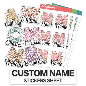 May include: Custom name stickers sheet featuring letters with floral and leopard print designs. The sheet includes names like Anthony, William, Charles, Melissa, Nicholas, and Barbara. The text "CUSTOM NAME STICKERS SHEET" is also visible.