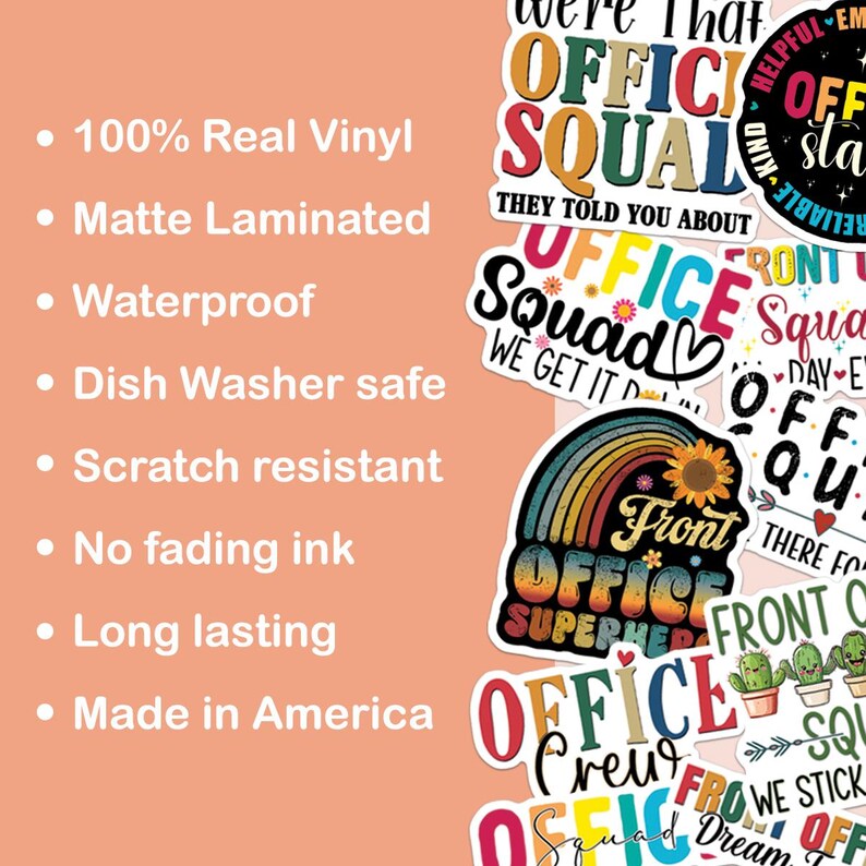 May include: A set of colorful vinyl stickers with office-themed designs. The stickers feature phrases like "Office Squad", "Front Office Superhero", and "Office Crew".