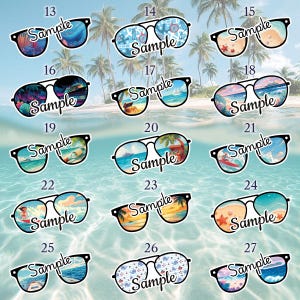 May include: A collection of sunglasses stickers with black frames and various beach-themed designs reflected in the lenses. Each pair has the word "Sample" printed on it. The background features a tropical beach scene.