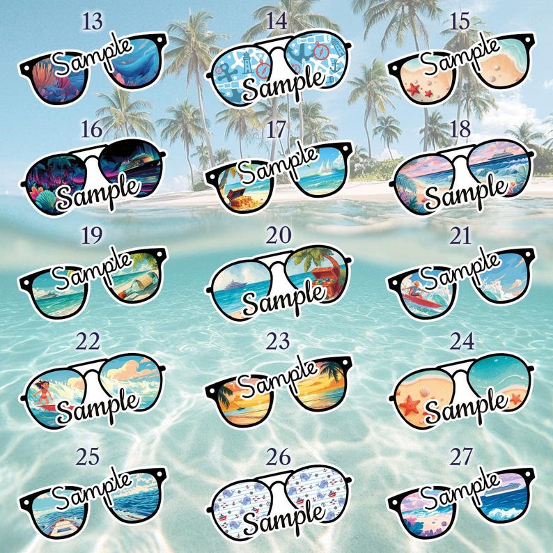 May include: A collection of sunglasses stickers with black frames and various beach-themed designs reflected in the lenses. Each pair has the word "Sample" printed on it. The background features a tropical beach scene.