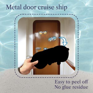 May include: Metal door cruise ship magnets. The image shows a brown door with three sunglasses-shaped magnets with names on them. The text "Metal door cruise ship" is at the top. The text "Easy to peel off, No glue residue" is at the bottom.