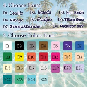 Puede incluir: Imagen con opciones de fuentes y colores para personalizaci&oacute;n. Muestra nombres de fuentes como Cookie, Galada y Pacifico, y muestras de color etiquetadas E1 a E25. El fondo presenta una escena de playa con palmeras y el oc&eacute;ano.