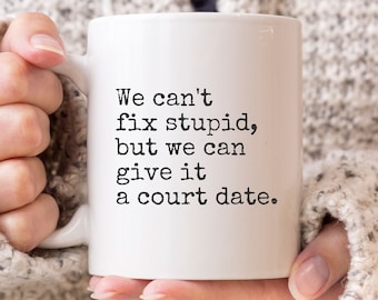 Funny Lawyer Mug, Law School Graduation Gift, PERSONALIZED Mug, Law Student Mug, Gift For Lawyer, Law School Gifts, We Can't Fix Stupid Mug