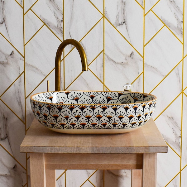 Bathroom Vanity Sink Pottery,Handmade Bathroom Vessel Sink Decor,Ceramic Sink,Moroccan Vasque,Bathroom Equipement Pottery Decor Handmade