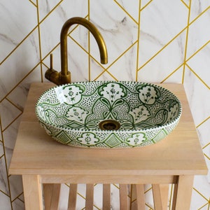 Lavabo de cerámica para baño, decoración de lavabo de baño hecha a mano, lavabo de cerámica, estilo marroquí, equipamiento de baño, decoración de cerámica hecha a mano