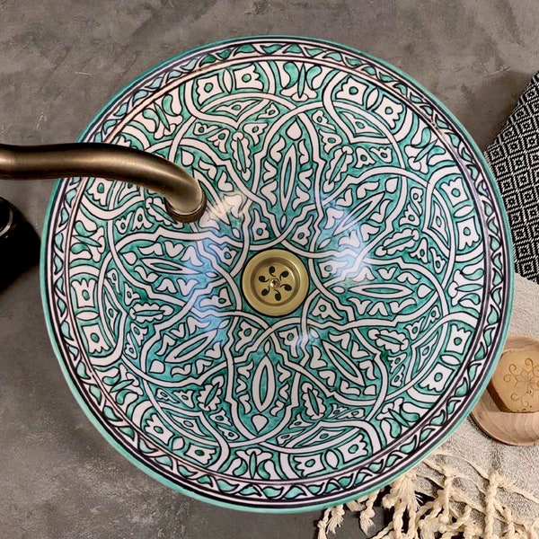 Tazón de cerámica de tocador de baño, decoración de fregadero de recipiente de baño hecho a mano, fregadero de cerámica, vaso marroquí, decoración de cerámica de equipo de baño hecho a mano