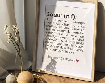 Affiche définition Soeur personnalisable, cadeau soeur personnalisable