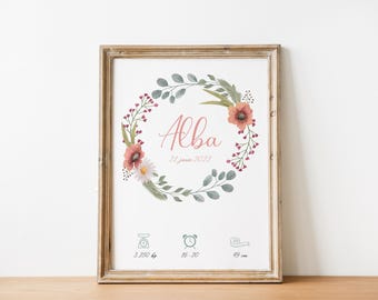Customizable first name poster, customizable birth gift, personalized baby birth gift