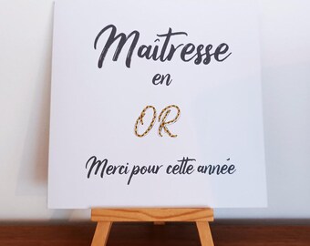 Carte remerciements maîtresse, ATSEM, Nounou brodée or, carte merci maîtresse, nounou, ATSEM brodée fil dorée