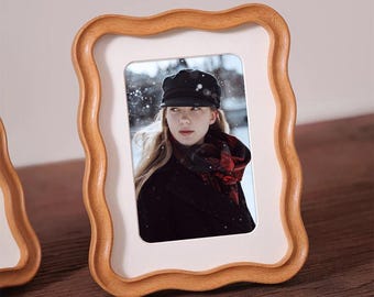 Wavy Wooden Photo Frame, Teak Cherry Walnut, Scalloped Tabletop Decor