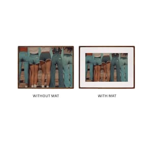 Side-by-side comparison of a vintage group photograph displayed without a mat and with a white mat in a dark brown solid wood frame.