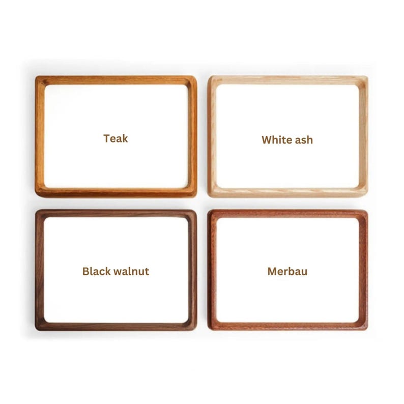 Four horizontal rounded-corner frame samples labeled Teak, White Ash, Black Walnut, and Merbau, showing the differences in natural wood color and grain.