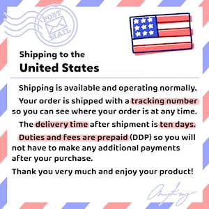 May include: Image with text: "Shipping to the United States." Includes a postage stamp graphic and a US flag. Text also states that orders are shipped with tracking and delivery time is ten days.