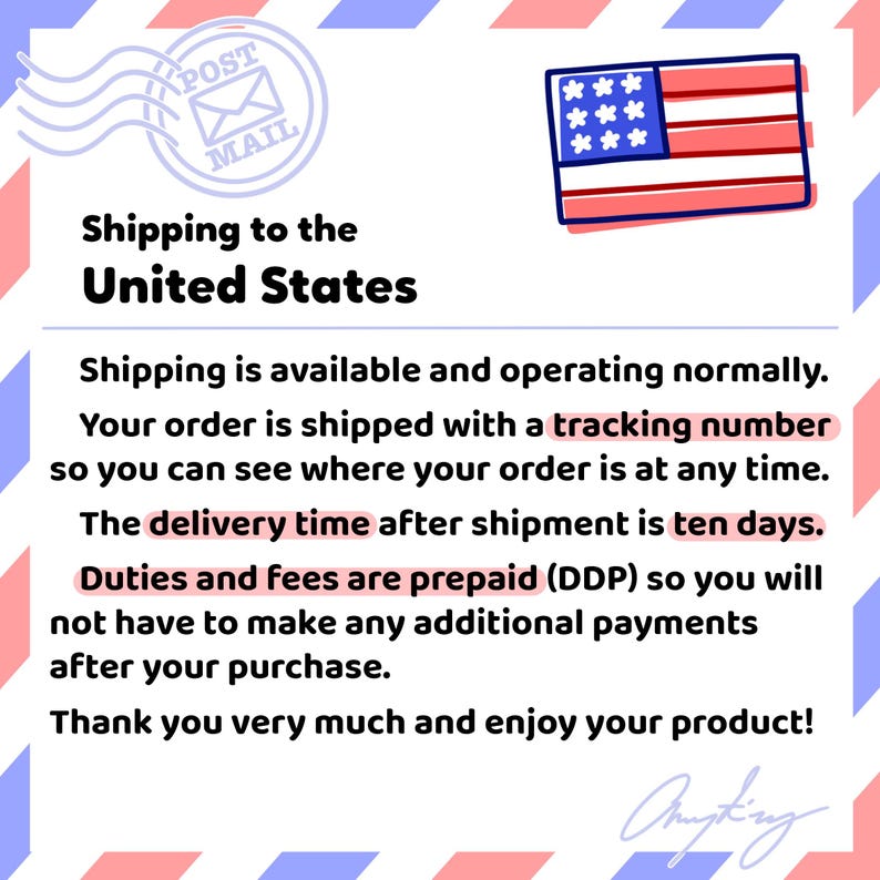 May include: Image with text: "Shipping to the United States." Includes a postage stamp graphic and a US flag. Text also states that orders are shipped with tracking and delivery time is ten days.