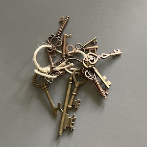 Può includere: Una collezione di chiavi in ​​stile antico legate insieme con uno spago. Le chiavi sono in ottone e hanno disegni intricati.