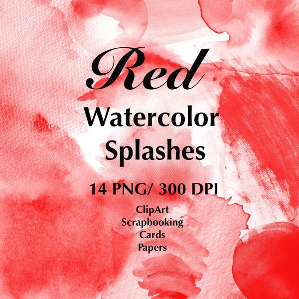 Red Watercolor Splashes, Splotches Clipart, PNG Watercolor Splashes, Hand Painted, Paint Drip