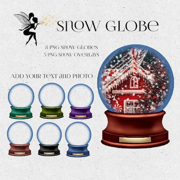 Christmas Snow Globes with Snow in PNG, Hand Drawn Clipart, Digital Snow Globe Instant Download, White snow overlay, Use your photo and text
