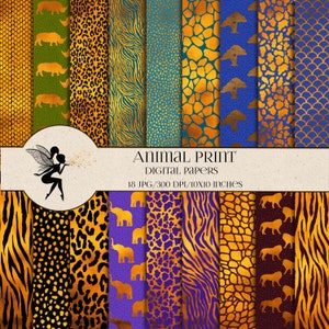 Animal Print Digital paper pack, Safari animal print, Scrapbook paper, Gold animal print, Instant Download, Leopard, Giraffe, Zebra, Jaguar
