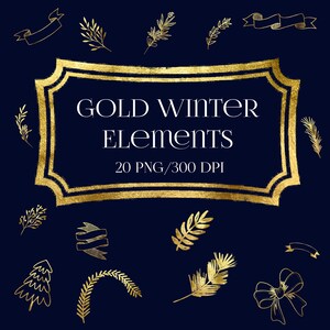 Elementos dourados de inverno, clipart digital de ouro, clipart de ouro de inverno, clipart de ouro de Natal, molduras, folhas de ouro