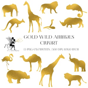 Gouden wilde dieren clipart, PNG goud dieren, jungle safari digitale clipart, png-illustraties Giraf, leeuw, kamille, kameleon, flamingo, olifant