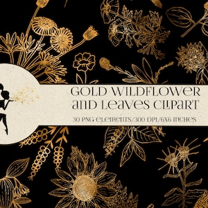 Gouden wilde bloem en bladeren Clipart, Gouden botanische bloemen, goudfolie PNG bloemen, gouden bloem overlay clipart, gouden botanische elementen