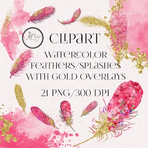 Pink Watercolor and Gold Feather Clipart, Watercolor Clipart with gold overlays, Pink watercolor Elements, Digital Clipart, Gold Clipart