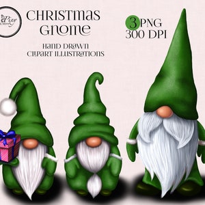 Christmas Green Gnomes in PNG, Hand Drawn Clipart, Digital instant Download