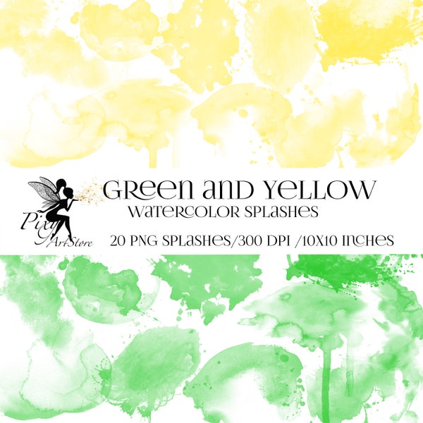 Green and Yellow watercolor splashes Clipart, Watercolor clipart, Green and Yellow splashes, Yellow watercolor clipart, Green clipart