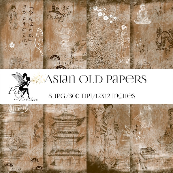 Asian Old Didital Papers, Scrapbook paper, Asian Background - Carte asiatiche stampabili, Vecchio set di texture, Carte asiatiche Fantasy, Carta giapponese