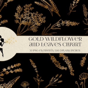 Gouden wilde bloem en bladeren Clipart, Gouden botanische bloemen, goudfolie PNG bloemen, gouden bloem overlay clipart, gouden botanische elementen