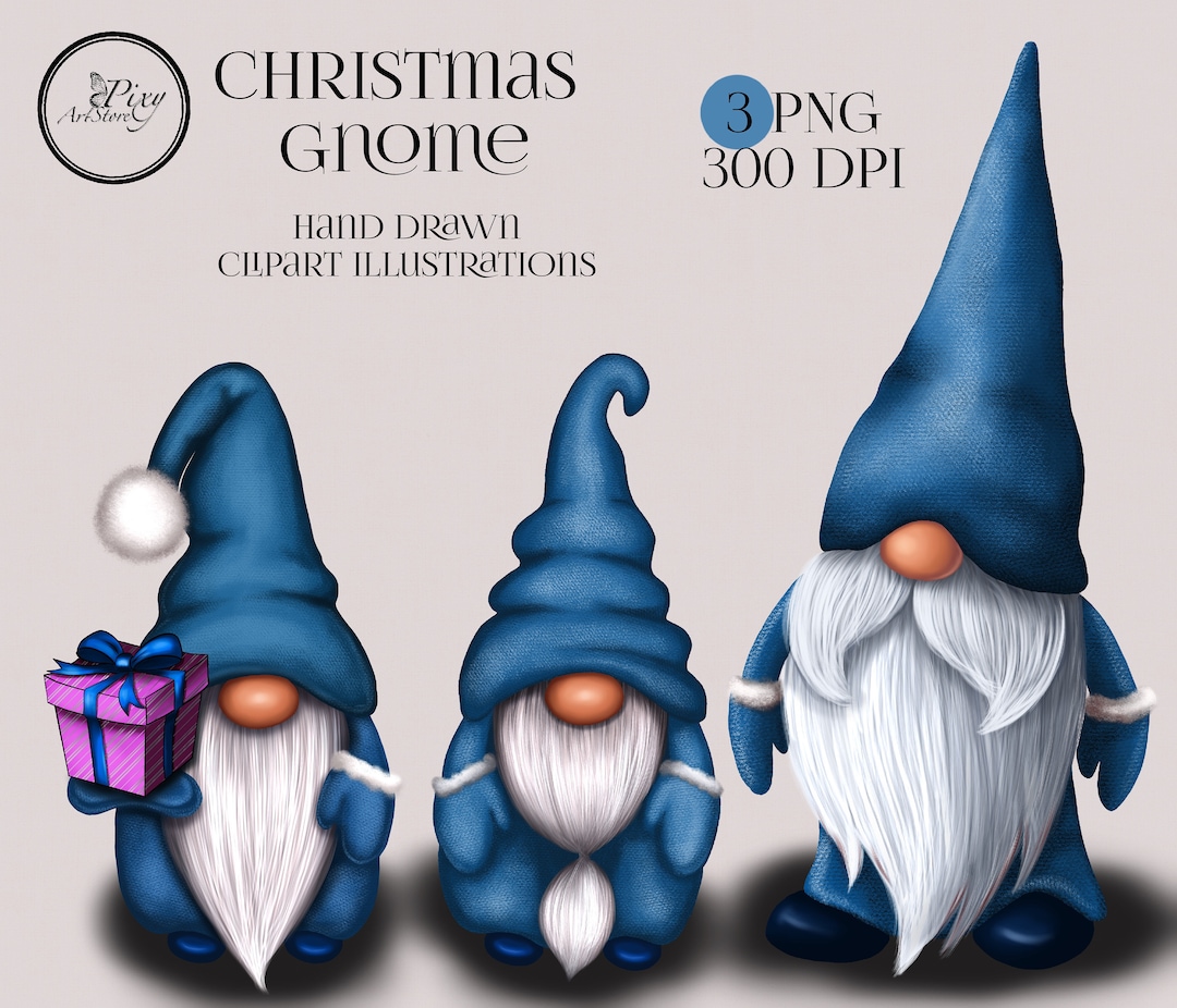 Christmas Blue Gnomes in PNG, Hand Drawn Clipart, Digital Instant