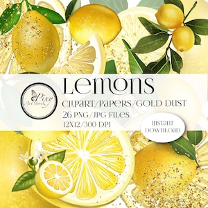 Clipart numérique citron, motif citron, arrière-plan pour clipart, aquarelle citrons, ensemble citron, citrons peints à la main