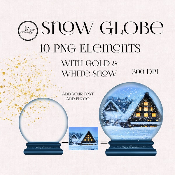 Christmas Snow Globes with Snow in PNG, Hand Drawn Clipart, Digital instant Download, Png Snow Overlay, Use Your photo and text