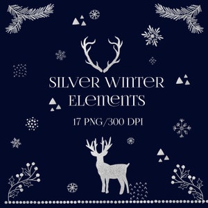 Silver Winter Elements, Digital xmas clipart, Silver winter overlays, Silver snowflakes, Raindeer