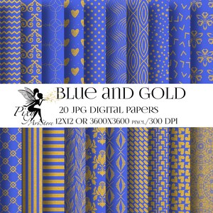 Blue and Gold Digital papers, Gold Texture, gold pattern, Damask pattern, Hearts pattern, patterns and background