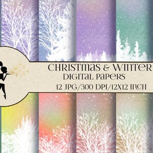 Papel digital de Natal, papéis de inverno, download instantâneo, papel para scrapbook de férias, Ombre de Natal, flocos de neve, floresta congelada, época de Natal