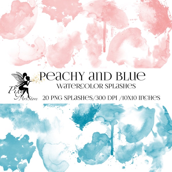 Peachy and Blue watercolor splashes Clipart, Watercolor clipart, Peachy and Blue splashes, Pink watercolor clipart, Blue clipart