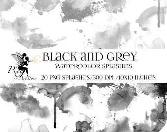 Black and Grey watercolor splashes Clipart, Watercolor clipart, Black and Grey splashes, Black watercolor clipart, Grey clipart