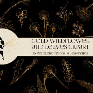 Clipart de flores silvestres e folhas de ouro, flores botânicas de ouro, flores PNG de folha de ouro, clipart de sobreposição de flores de ouro, elementos botânicos de ouro