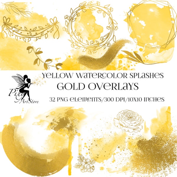 Yellow Watercolor Splashes and Gold Overlays, 32 PNG, Background watercolor, Gold Clipart, PNG Watercolor Splashes, Yellow and Gold clipart