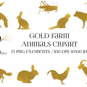 Clipart de animais de fazenda de ouro, clipart de animais domésticos, animais PNG, download instantâneo, animais para planejador, cavalo, porco, gato, cachorro, aranha