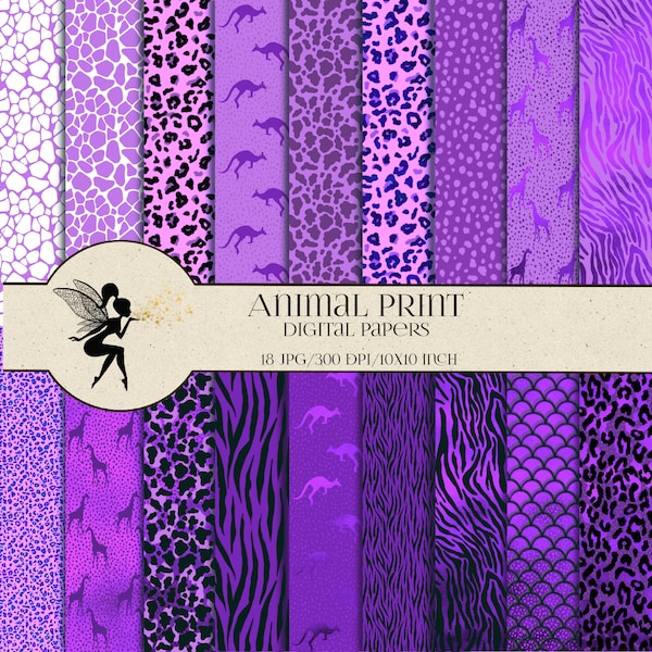 Animal Print Digital papers, Safari animal print, Scrapbook paper, Purple animal print, Instant Download, Leopard, Giraffe, Zebra, Jaguar